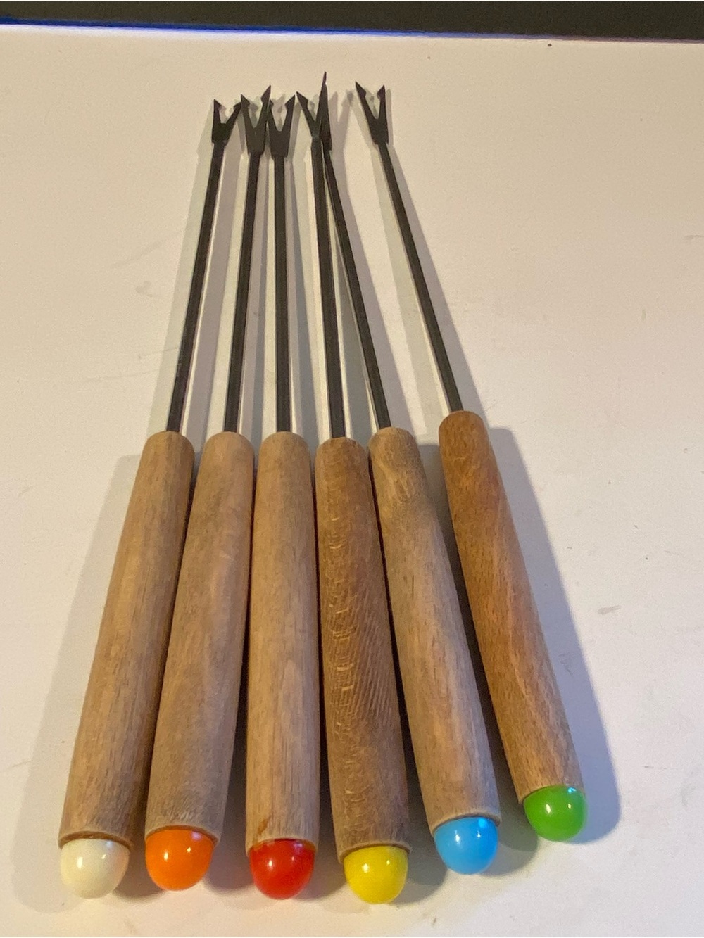 Vintage 1970s Fondue Forks Set of 6 Wooden Handle Stainless Steel Made in Japan